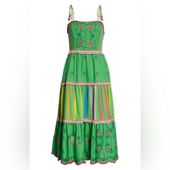 Farm Rio NWT Embroidered Tiered Dress Green Rainbow Stripe XS - Picture 6 of 8